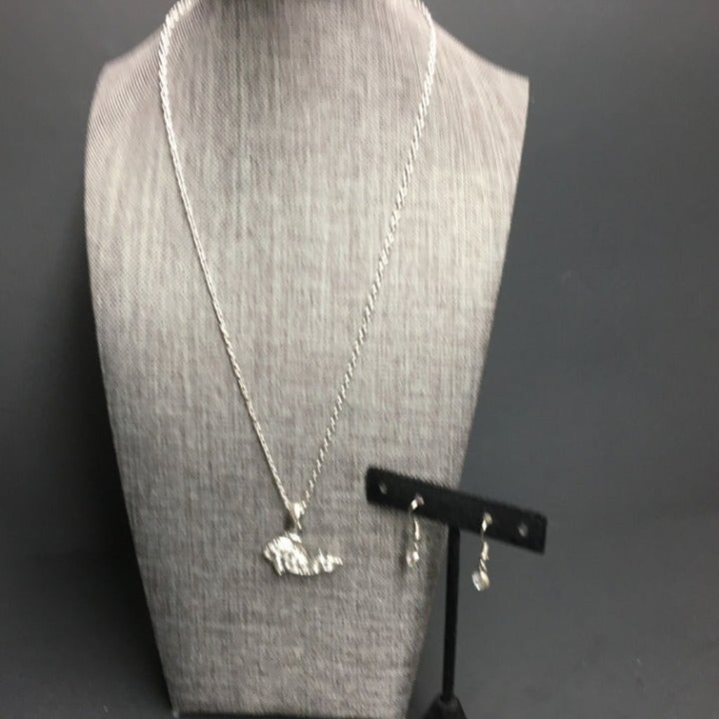 Whale Necklace Earrings 19 In Rhinestone Silver Dangle Pierced Bling Glam Preppy